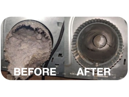 photos of a dryer vent before and after cleaning