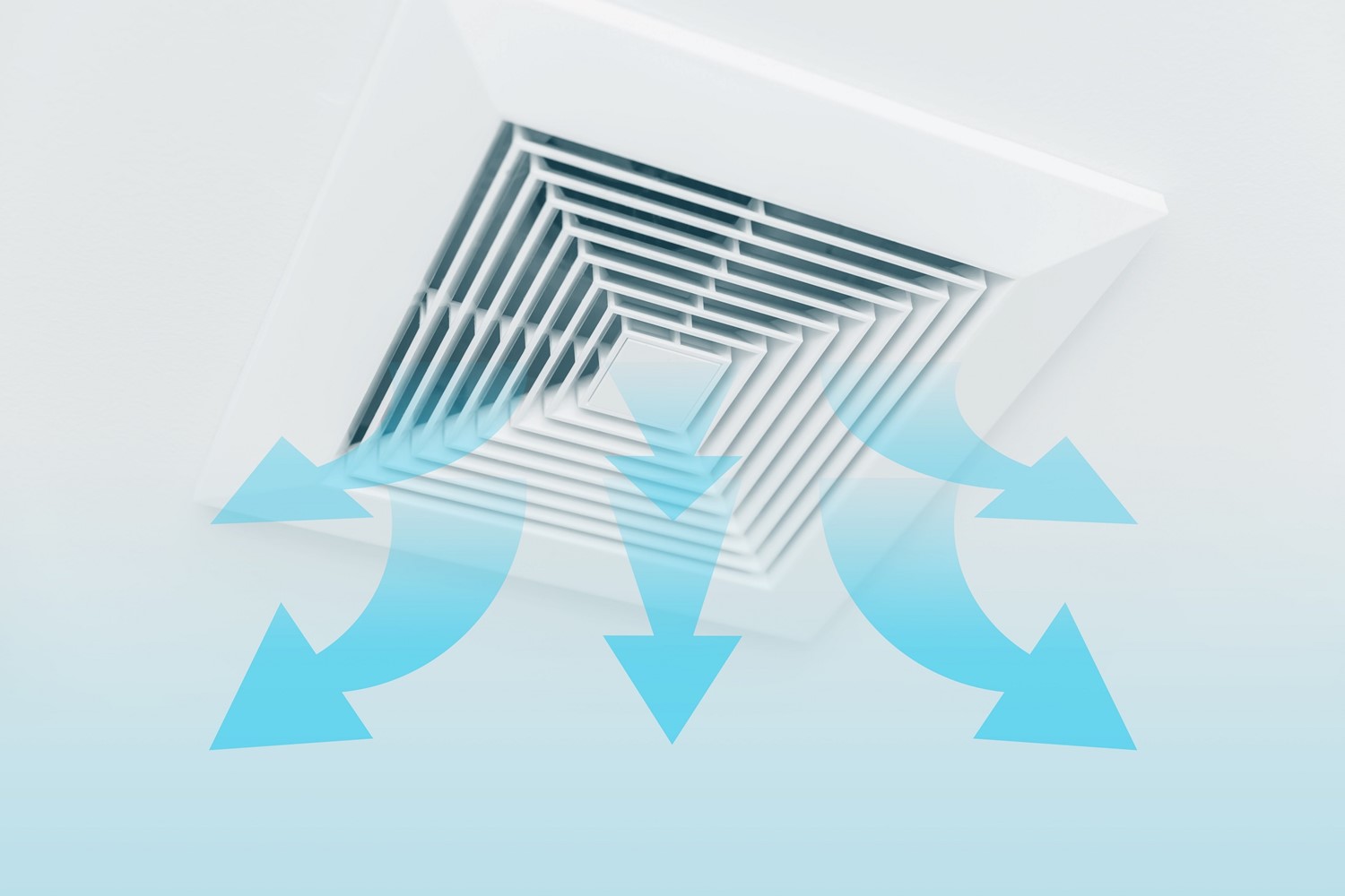 A White Air Duct Vent in a White Ceiling with Illustrated Blue Arrows Coming Out of it to Depict Airflow 